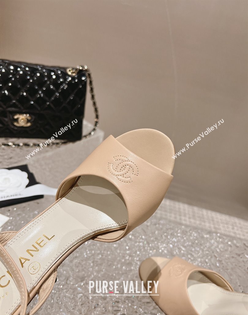 Chanel Calfskin Sandals 8.5cm with Pearls Heel and CC Embroidery Nude 2024 0126 (MD-240126060)