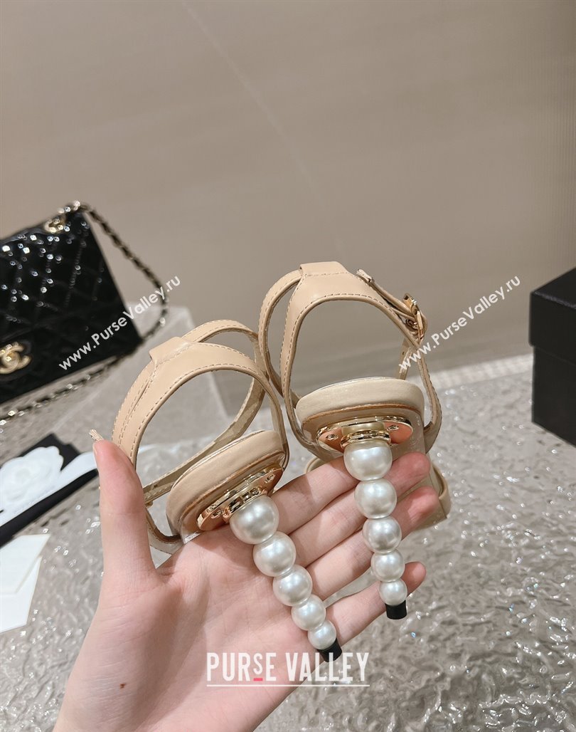 Chanel Calfskin Sandals 8.5cm with Pearls Heel and CC Embroidery Nude 2024 0126 (MD-240126060)