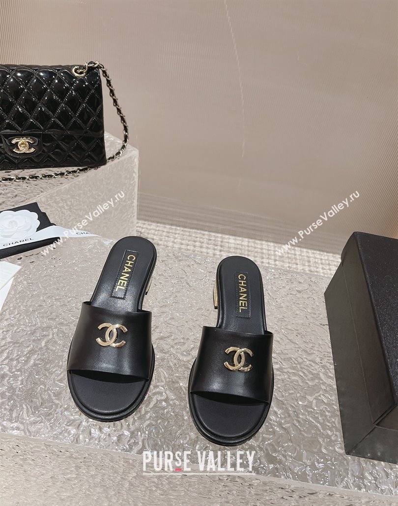 Chanel Lambskin Slide Sandals 5cm with Gold-Tone Heel Black 2024 0126 (MD-240126092)