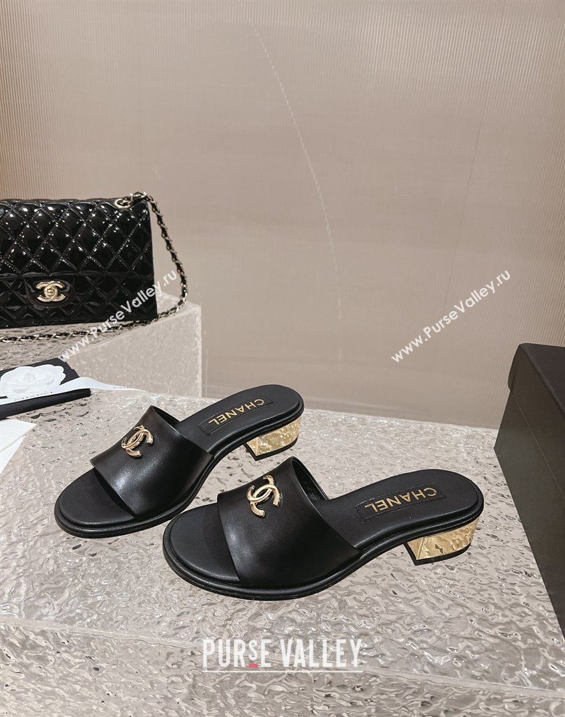 Chanel Lambskin Slide Sandals 5cm with Gold-Tone Heel Black 2024 0126 (MD-240126092)