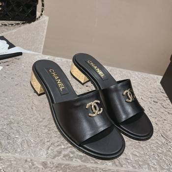 Chanel Lambskin Slide Sandals 5cm with Gold-Tone Heel Black 2024 0126 (MD-240126092)