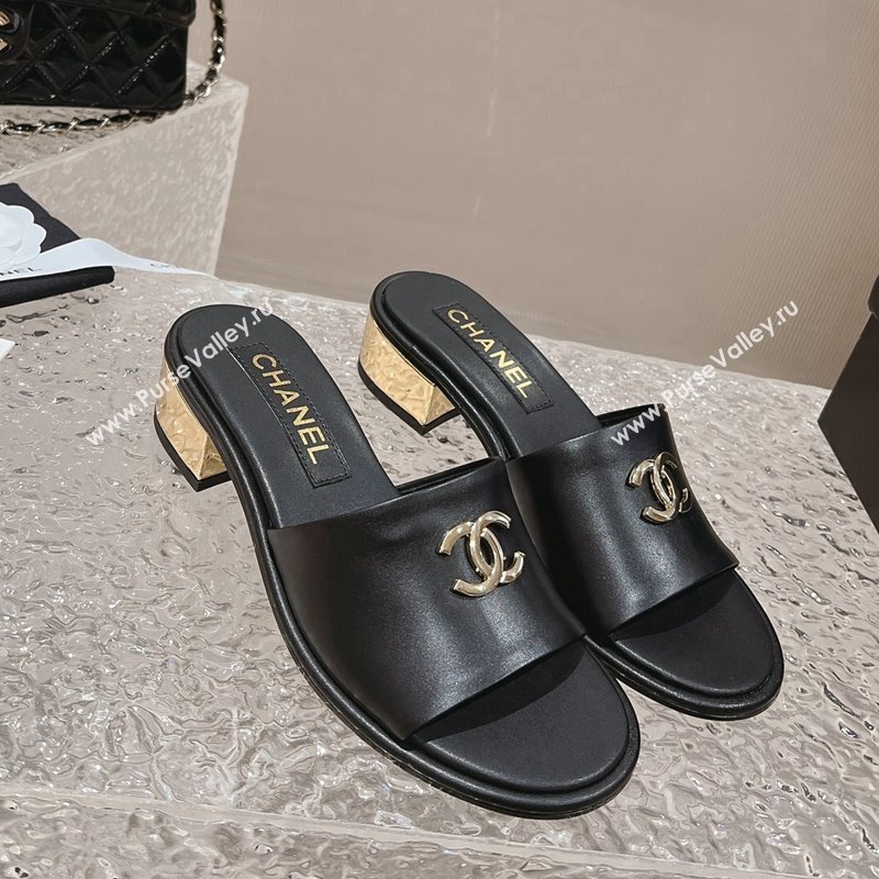 Chanel Lambskin Slide Sandals 5cm with Gold-Tone Heel Black 2024 0126 (MD-240126092)