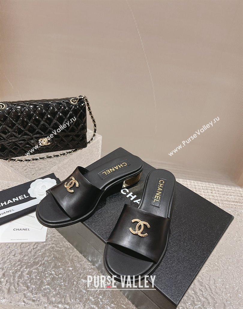 Chanel Lambskin Slide Sandals 5cm with Gold-Tone Heel Black 2024 0126 (MD-240126092)