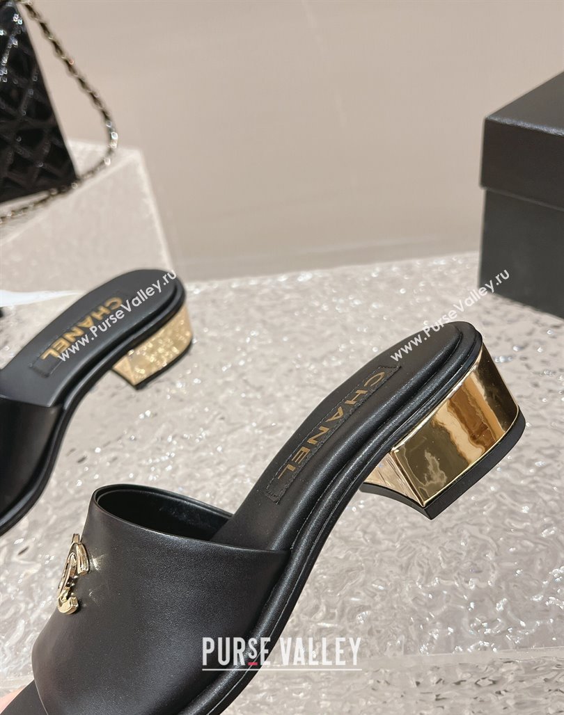 Chanel Lambskin Slide Sandals 5cm with Gold-Tone Heel Black 2024 0126 (MD-240126092)