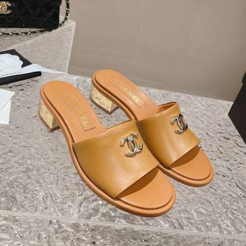 Chanel Lambskin Slide Sandals 5cm with Gold-Tone Heel Apricot 2024 0126 (MD-240126093)