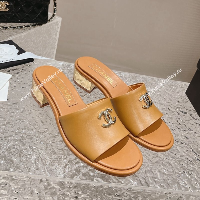 Chanel Lambskin Slide Sandals 5cm with Gold-Tone Heel Apricot 2024 0126 (MD-240126093)