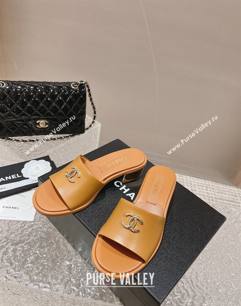 Chanel Lambskin Slide Sandals 5cm with Gold-Tone Heel Apricot 2024 0126 (MD-240126093)