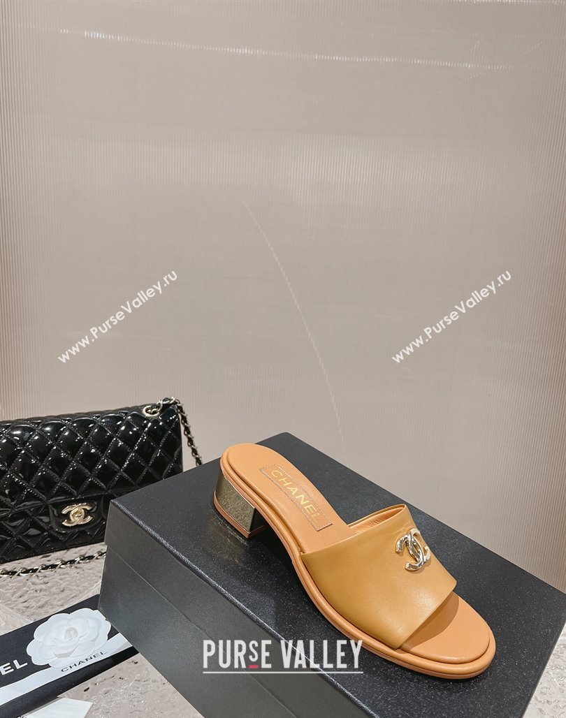 Chanel Lambskin Slide Sandals 5cm with Gold-Tone Heel Apricot 2024 0126 (MD-240126093)