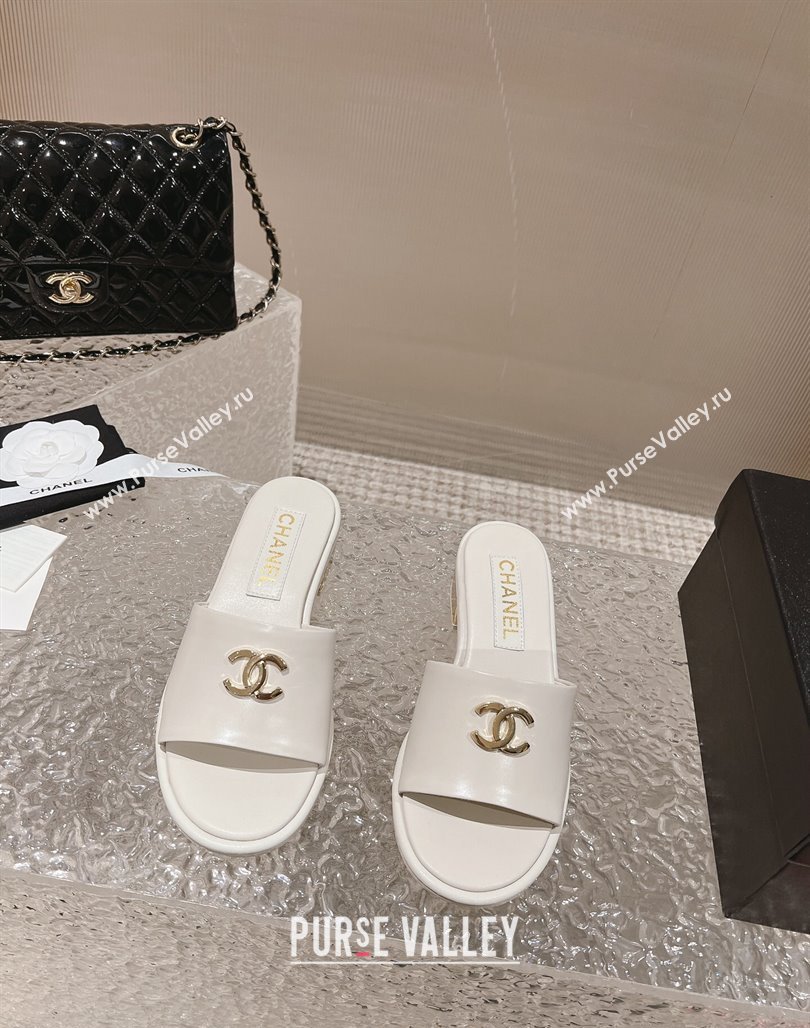 Chanel Lambskin Slide Sandals 5cm with Gold-Tone Heel White 2024 0126 (MD-240126094)