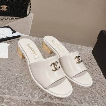 Chanel Lambskin Slide Sandals 5cm with Gold-Tone Heel White 2024 0126 (MD-240126094)