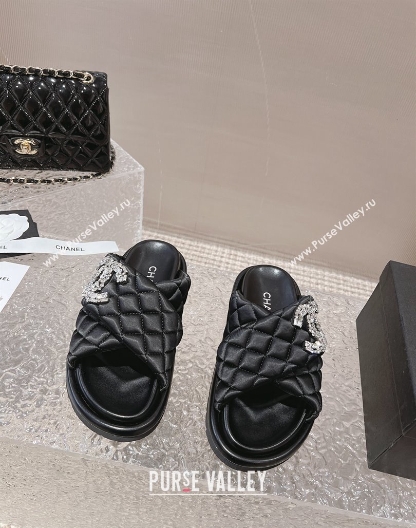 Chanel Cross Nylon Strap Slide Sandals with Crystals CC Black 2024 0126 (MD-240126097)