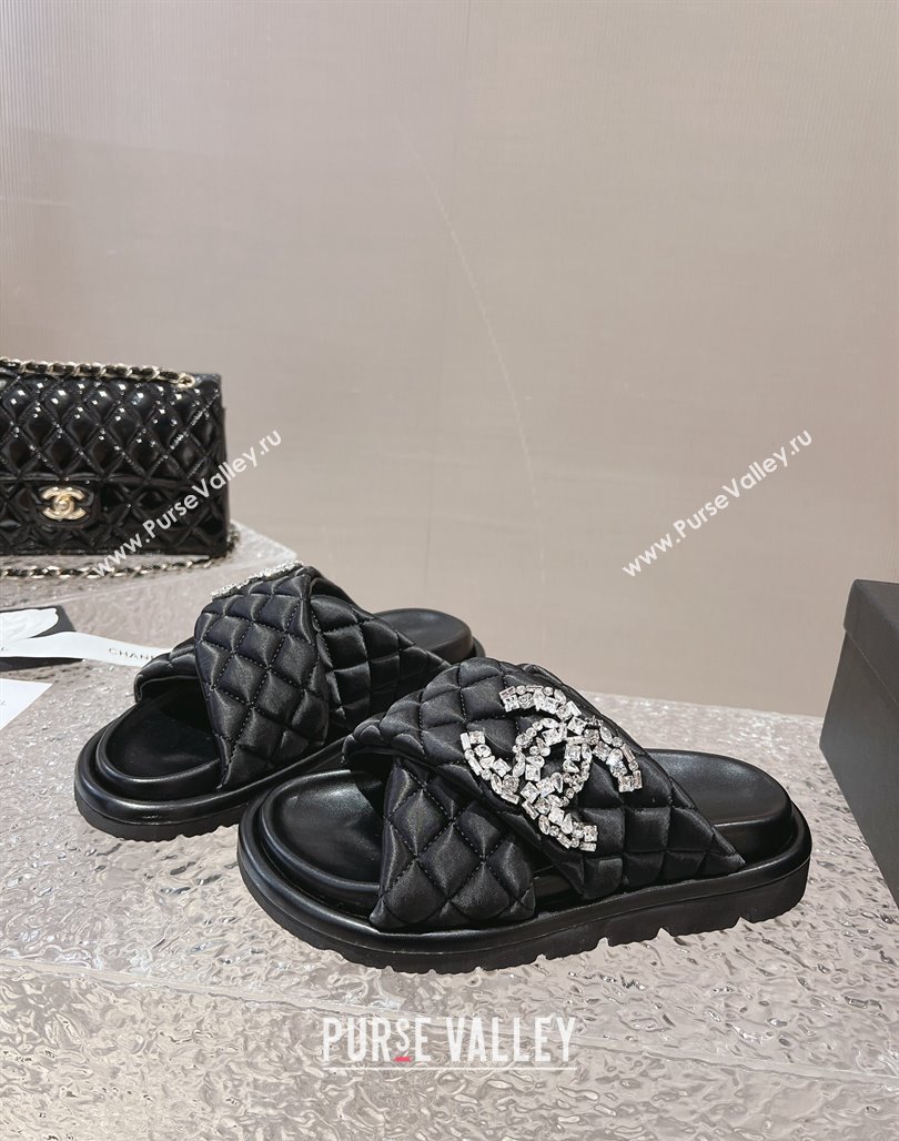 Chanel Cross Nylon Strap Slide Sandals with Crystals CC Black 2024 0126 (MD-240126097)