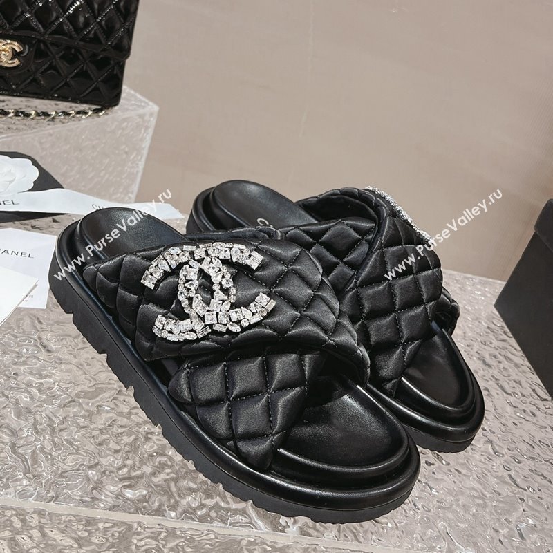 Chanel Cross Nylon Strap Slide Sandals with Crystals CC Black 2024 0126 (MD-240126097)