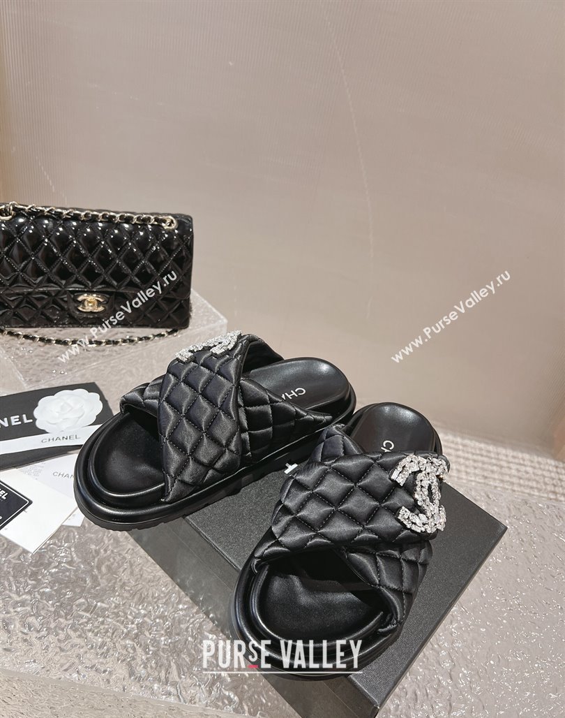 Chanel Cross Nylon Strap Slide Sandals with Crystals CC Black 2024 0126 (MD-240126097)