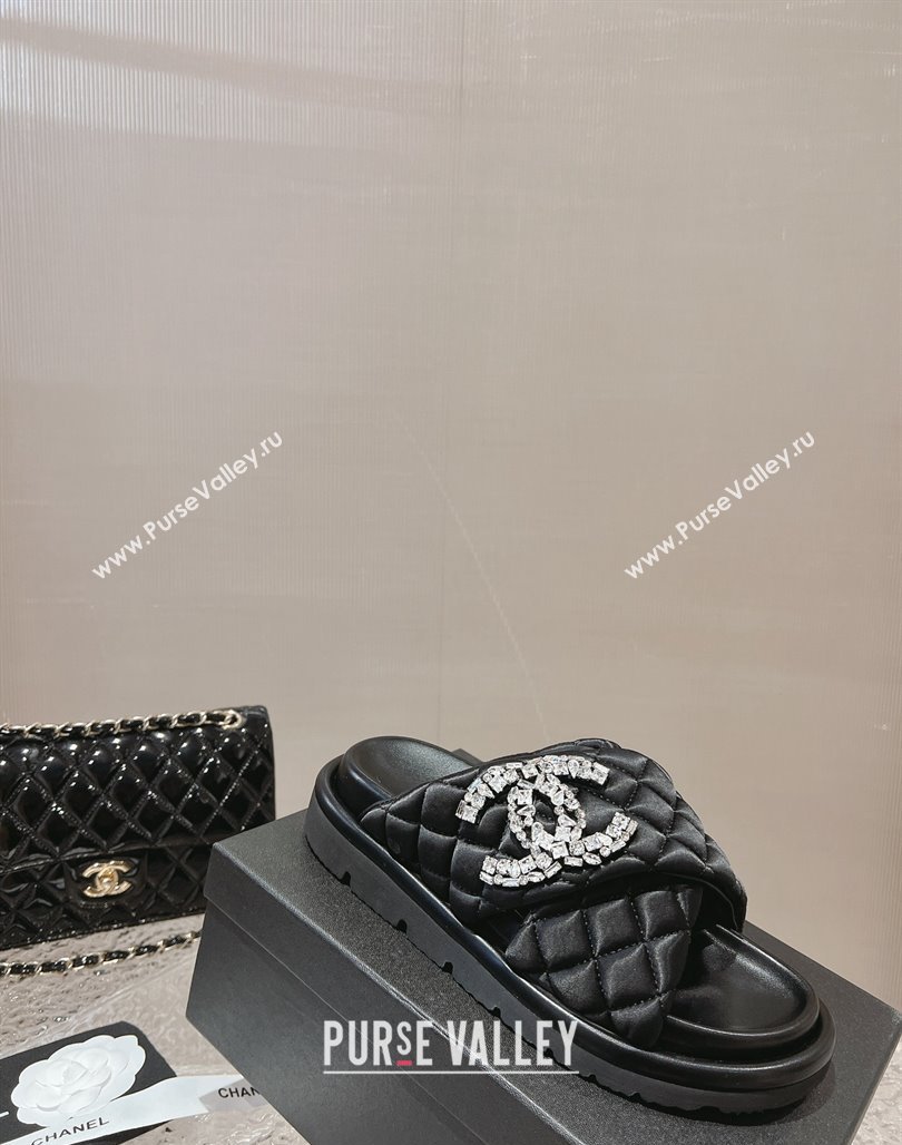 Chanel Cross Nylon Strap Slide Sandals with Crystals CC Black 2024 0126 (MD-240126097)