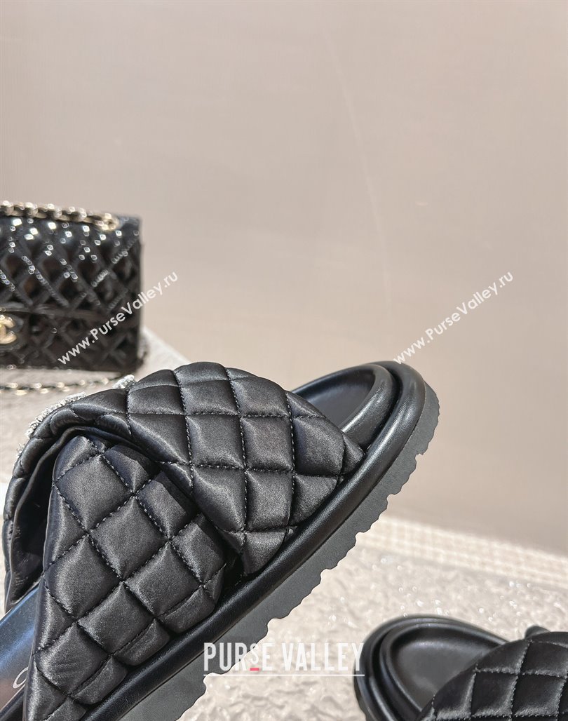 Chanel Cross Nylon Strap Slide Sandals with Crystals CC Black 2024 0126 (MD-240126097)