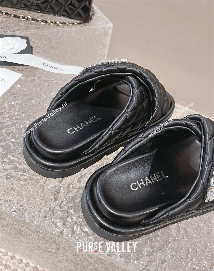 Chanel Cross Nylon Strap Slide Sandals with Crystals CC Black 2024 0126 (MD-240126097)