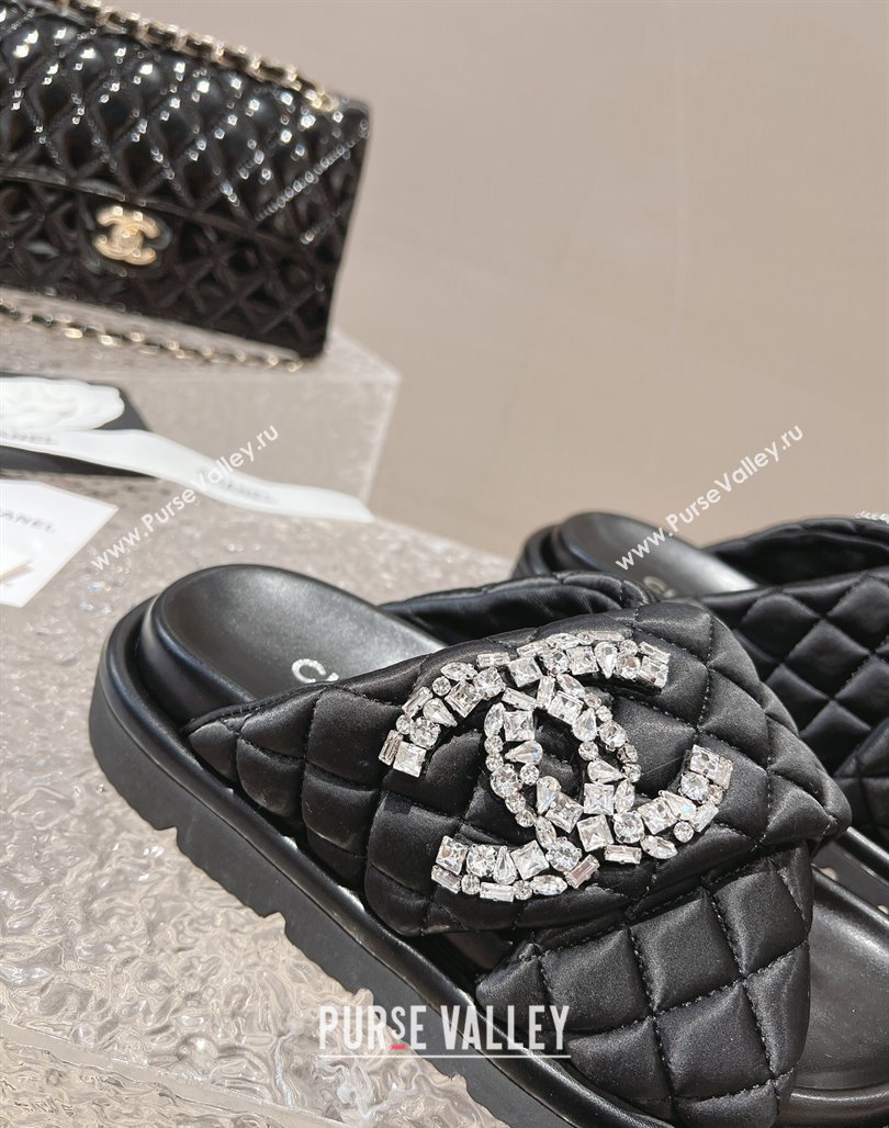 Chanel Cross Nylon Strap Slide Sandals with Crystals CC Black 2024 0126 (MD-240126097)