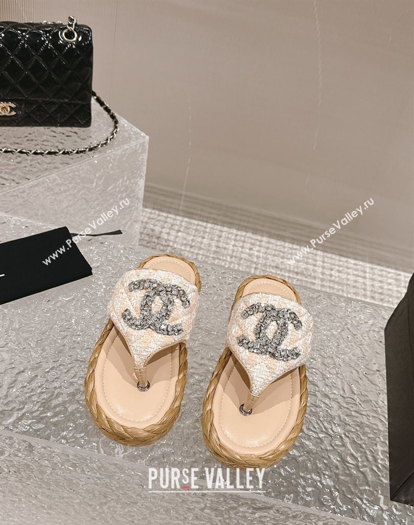 Chanel Tweed Flat Thong Slide Sandals with Crystals CC Beige 2024 0126 (MD-240126101)