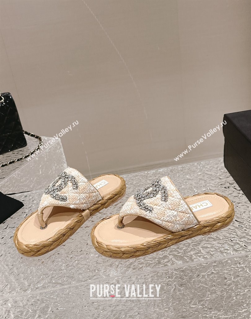 Chanel Tweed Flat Thong Slide Sandals with Crystals CC Beige 2024 0126 (MD-240126101)