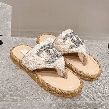 Chanel Tweed Flat Thong Slide Sandals with Crystals CC Beige 2024 0126 (MD-240126101)