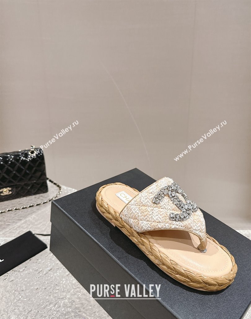 Chanel Tweed Flat Thong Slide Sandals with Crystals CC Beige 2024 0126 (MD-240126101)