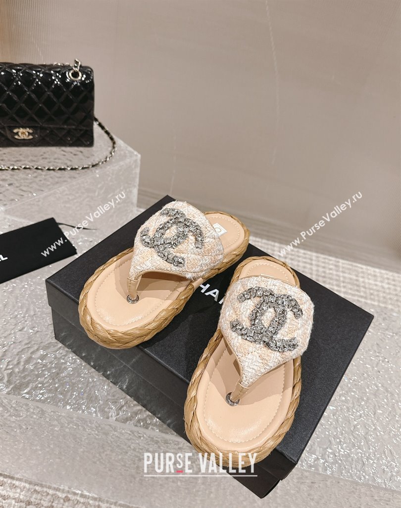 Chanel Tweed Flat Thong Slide Sandals with Crystals CC Beige 2024 0126 (MD-240126101)