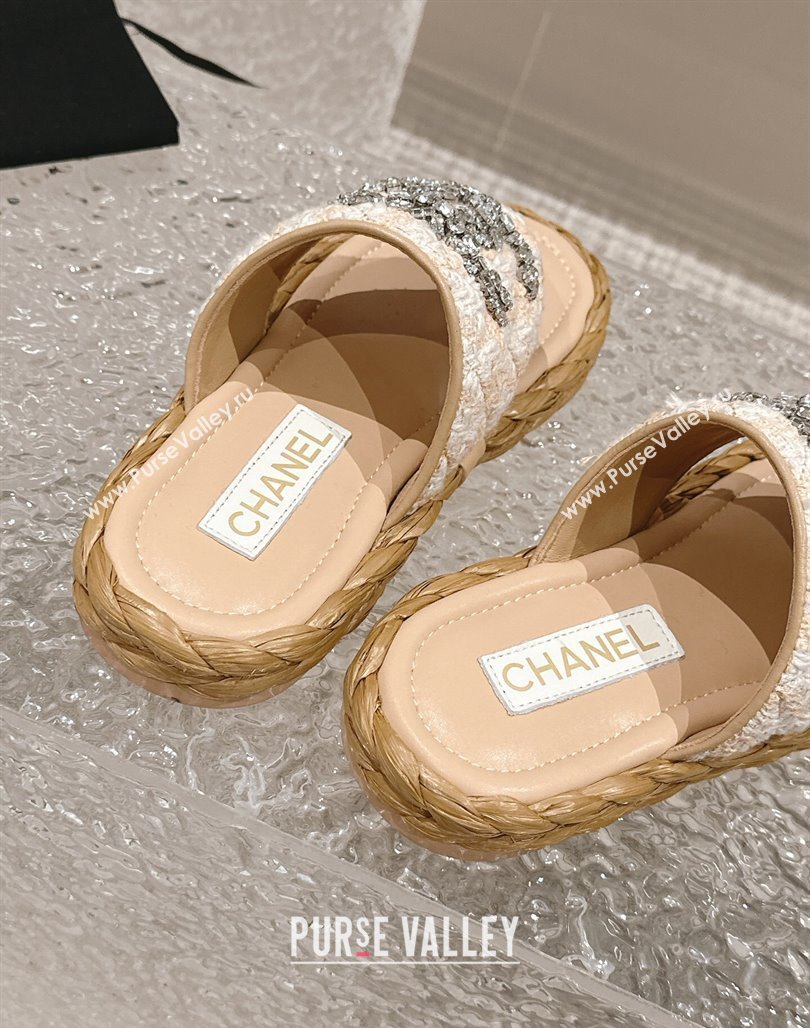 Chanel Tweed Flat Thong Slide Sandals with Crystals CC Beige 2024 0126 (MD-240126101)