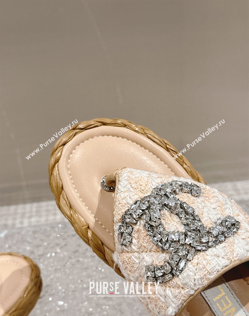 Chanel Tweed Flat Thong Slide Sandals with Crystals CC Beige 2024 0126 (MD-240126101)