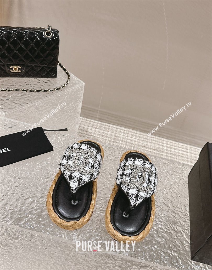 Chanel Tweed Flat Thong Slide Sandals with Crystals CC Black 2024 0126 (MD-240126104)