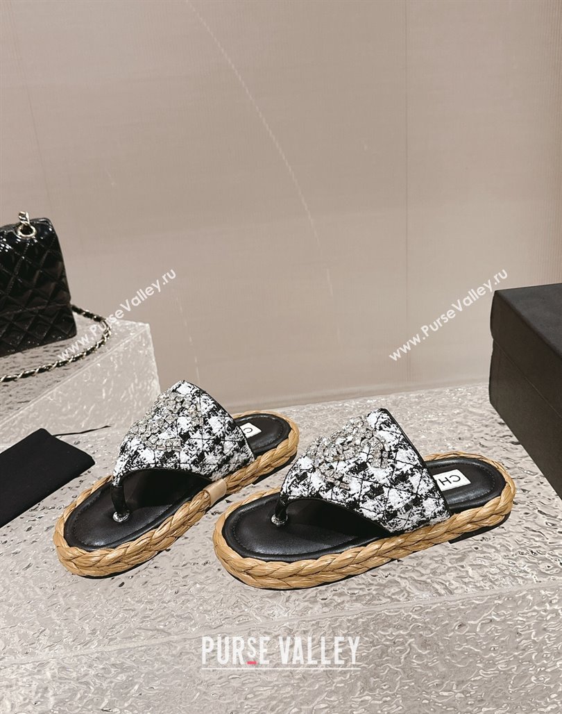 Chanel Tweed Flat Thong Slide Sandals with Crystals CC Black 2024 0126 (MD-240126104)