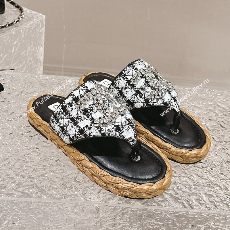 Chanel Tweed Flat Thong Slide Sandals with Crystals CC Black 2024 0126 (MD-240126104)