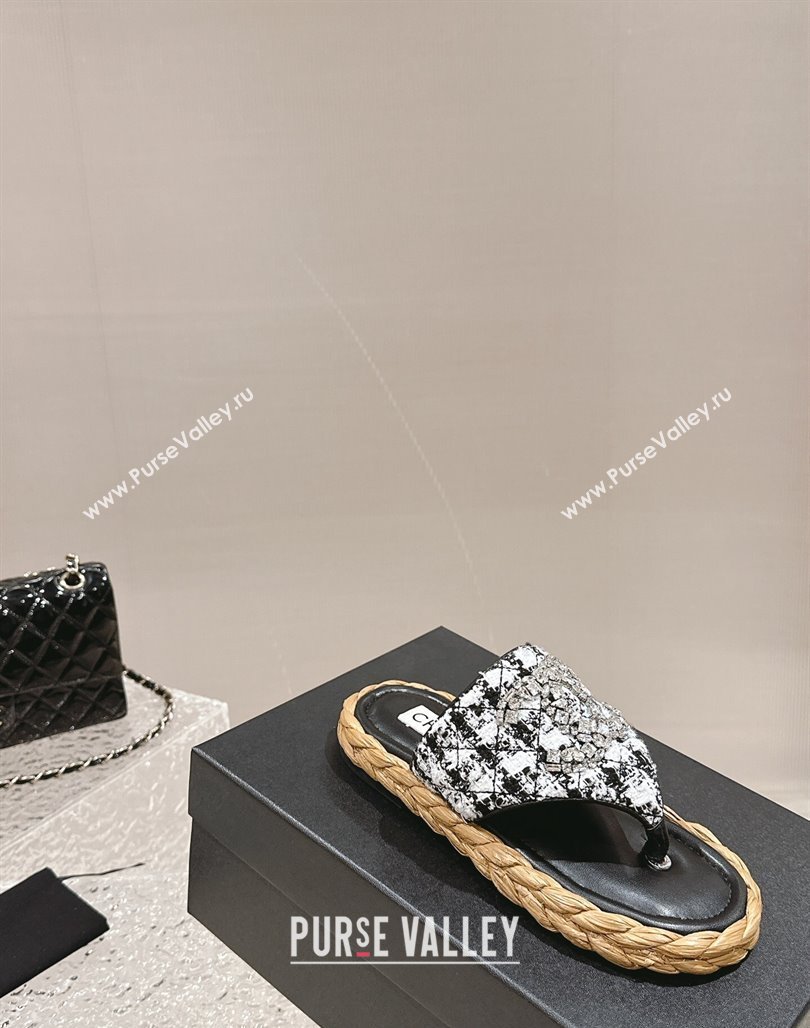 Chanel Tweed Flat Thong Slide Sandals with Crystals CC Black 2024 0126 (MD-240126104)