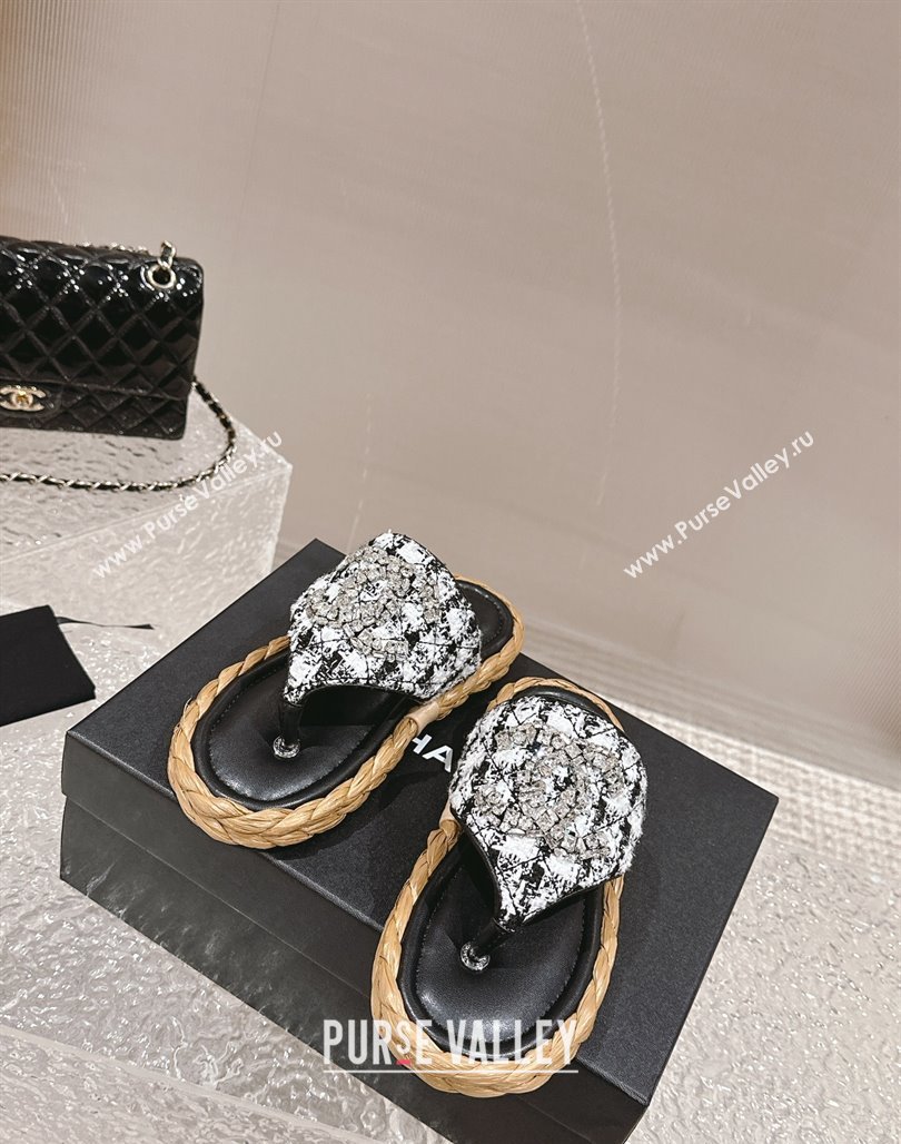 Chanel Tweed Flat Thong Slide Sandals with Crystals CC Black 2024 0126 (MD-240126104)