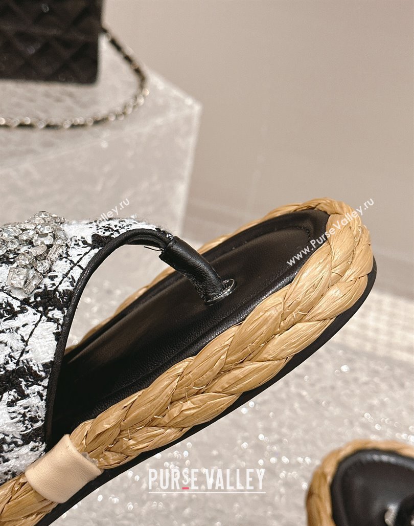 Chanel Tweed Flat Thong Slide Sandals with Crystals CC Black 2024 0126 (MD-240126104)