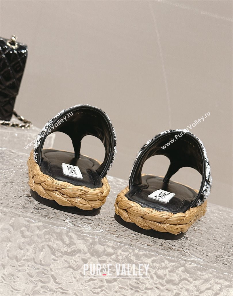 Chanel Tweed Flat Thong Slide Sandals with Crystals CC Black 2024 0126 (MD-240126104)