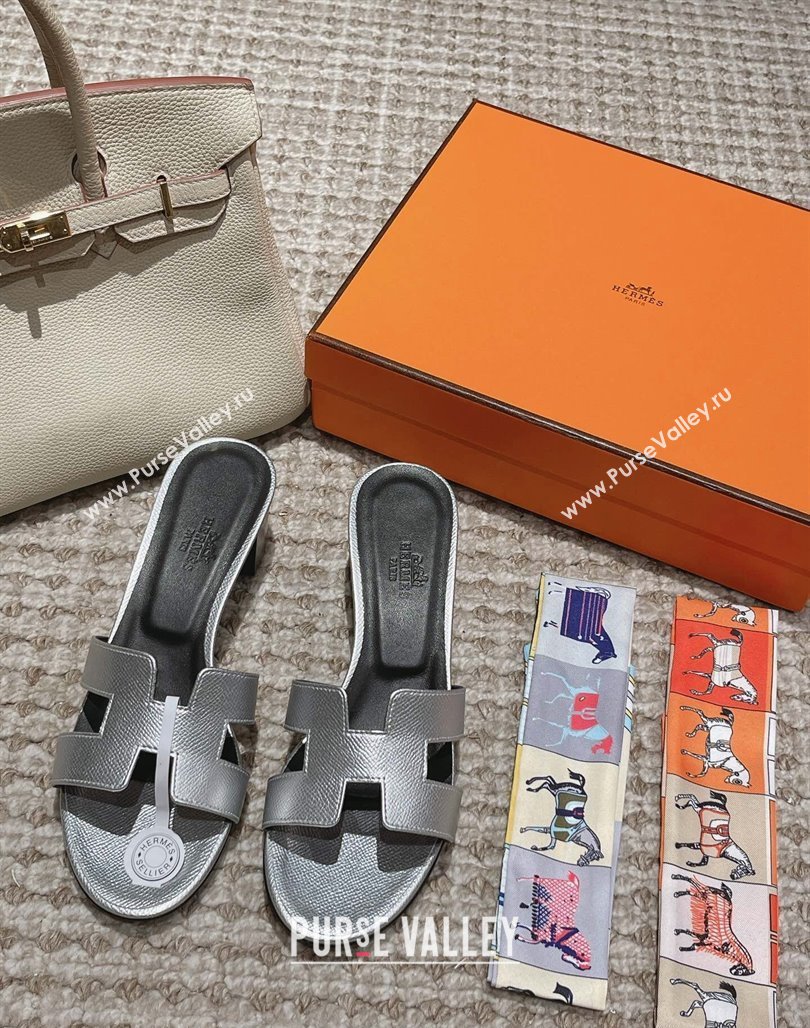 Hermes Classic Oasis Heel Slide Sandals 4.5cm in Palm Grained Leather Silver 2024 0123 (MD-240123008)