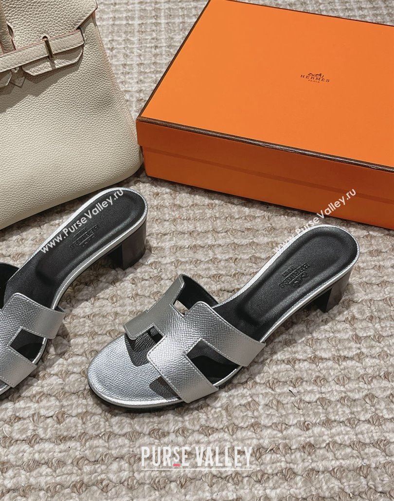 Hermes Classic Oasis Heel Slide Sandals 4.5cm in Palm Grained Leather Silver 2024 0123 (MD-240123008)