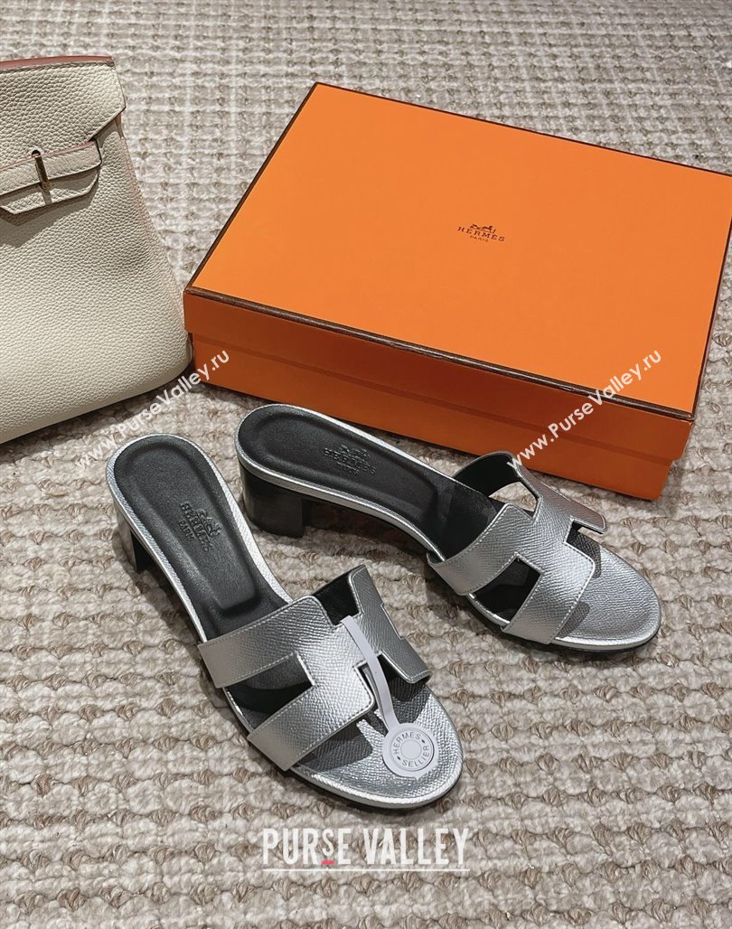 Hermes Classic Oasis Heel Slide Sandals 4.5cm in Palm Grained Leather Silver 2024 0123 (MD-240123008)