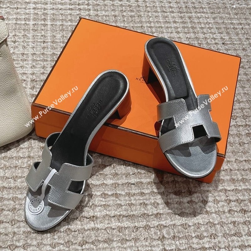 Hermes Classic Oasis Heel Slide Sandals 4.5cm in Palm Grained Leather Silver 2024 0123 (MD-240123008)