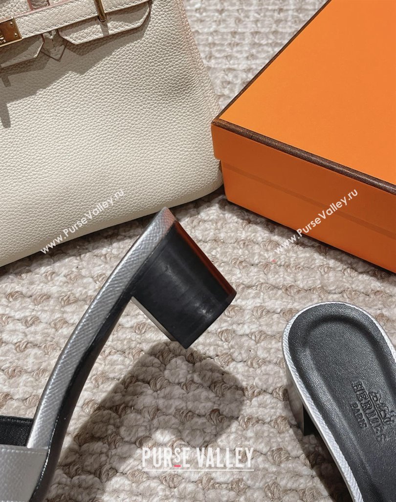 Hermes Classic Oasis Heel Slide Sandals 4.5cm in Palm Grained Leather Silver 2024 0123 (MD-240123008)