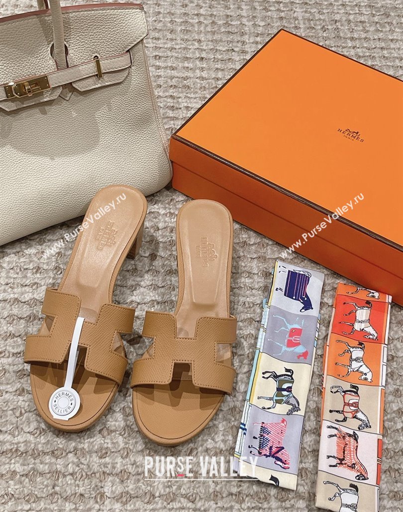 Hermes Classic Oasis Heel Slide Sandals 4.5cm in Palm Grained Leather Light Brown 2024 0123 (MD-240123027)