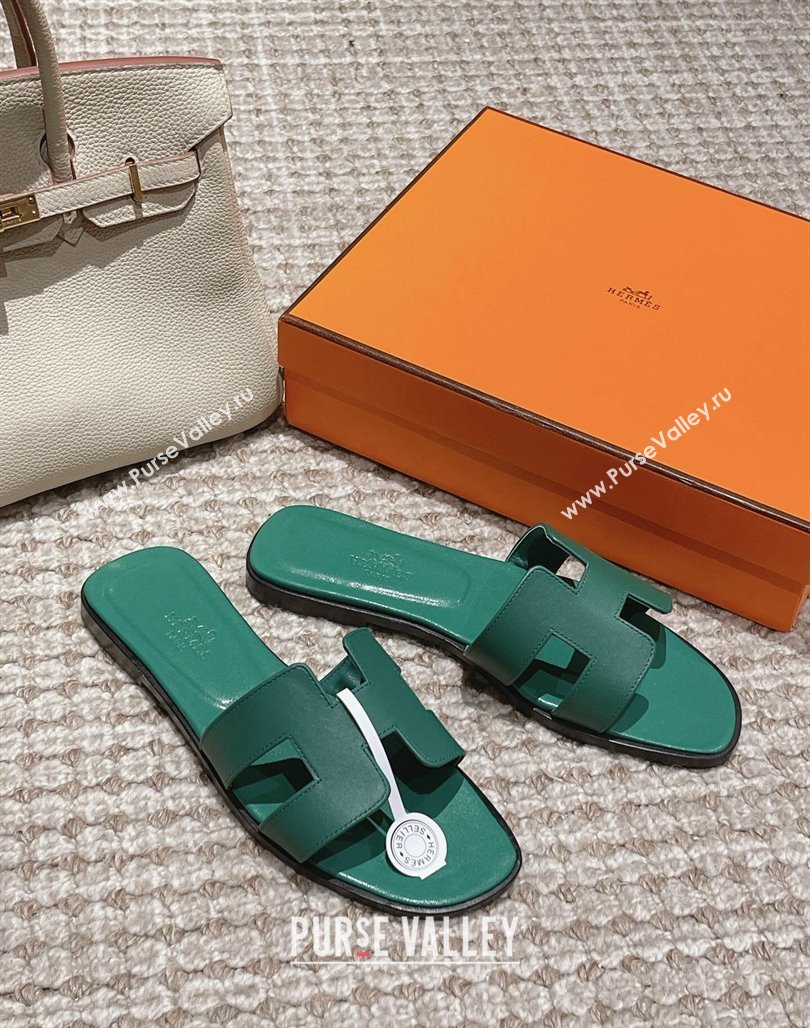 Hermes Classic Oran Flat Slide Sandals in Smooth Leather Green 1 2024 0123 (MD-240123070)