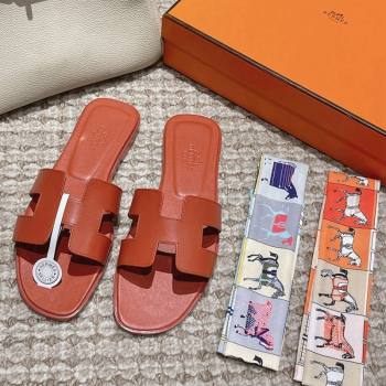 Hermes Classic Oran Flat Slide Sandals in Smooth Leather Brick Red 2024 0123 (MD-240123072)