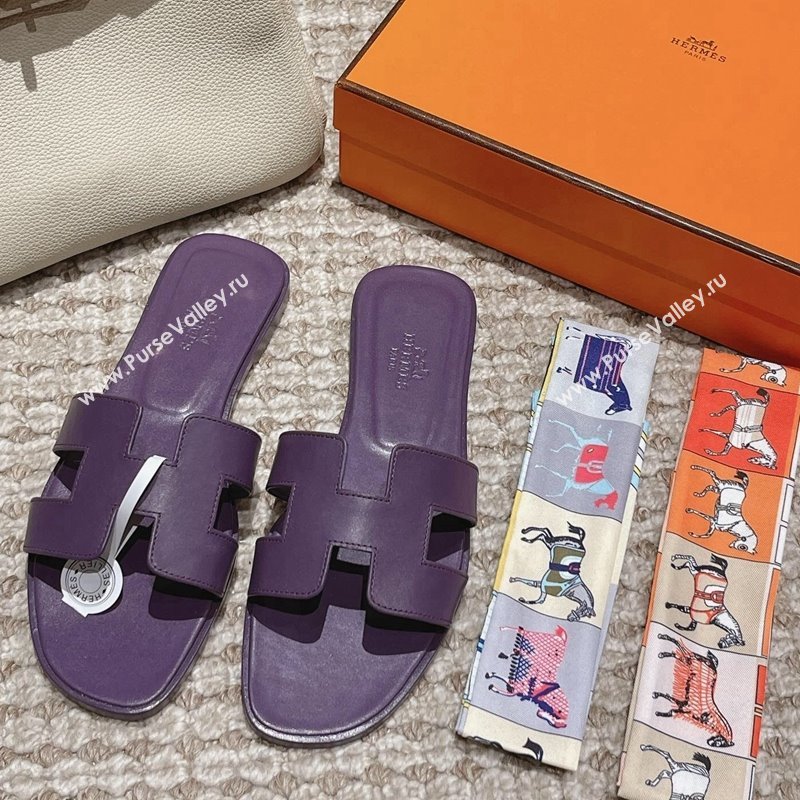 Hermes Classic Oran Flat Slide Sandals in Smooth Leather Purple 06 2024 0123 (MD-240123076)