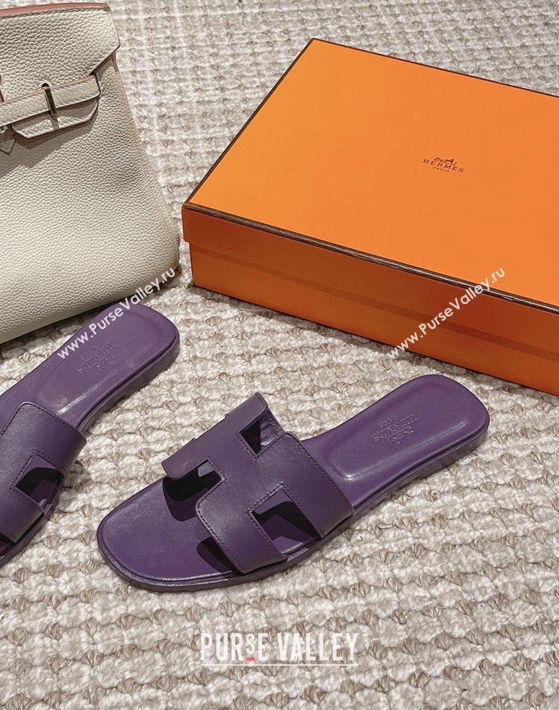 Hermes Classic Oran Flat Slide Sandals in Smooth Leather Purple 06 2024 0123 (MD-240123076)