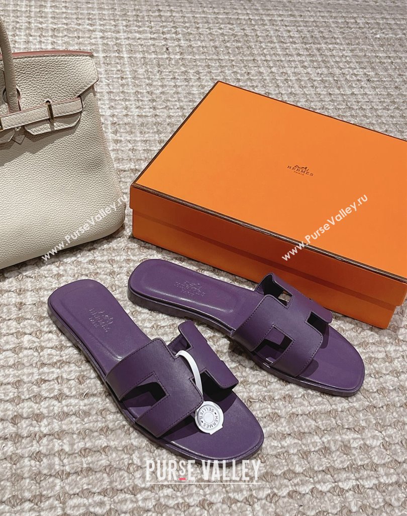 Hermes Classic Oran Flat Slide Sandals in Smooth Leather Purple 06 2024 0123 (MD-240123076)