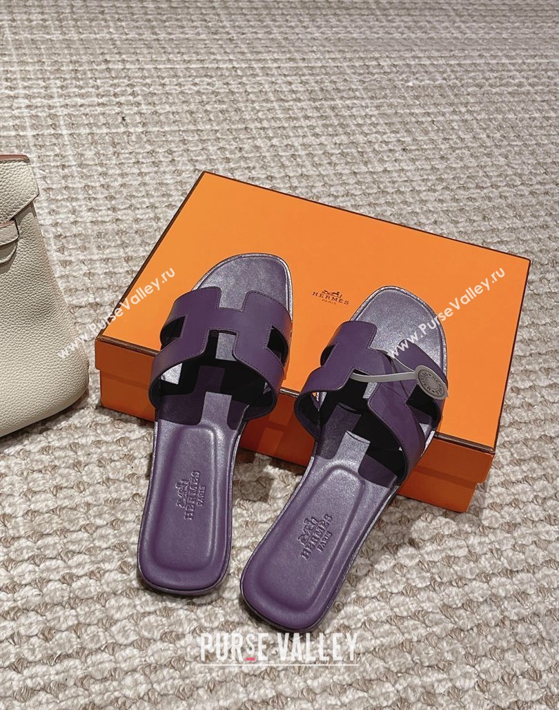 Hermes Classic Oran Flat Slide Sandals in Smooth Leather Purple 06 2024 0123 (MD-240123076)
