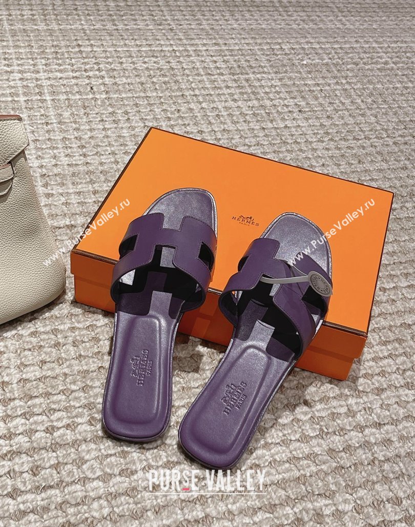 Hermes Classic Oran Flat Slide Sandals in Smooth Leather Purple 06 2024 0123 (MD-240123076)