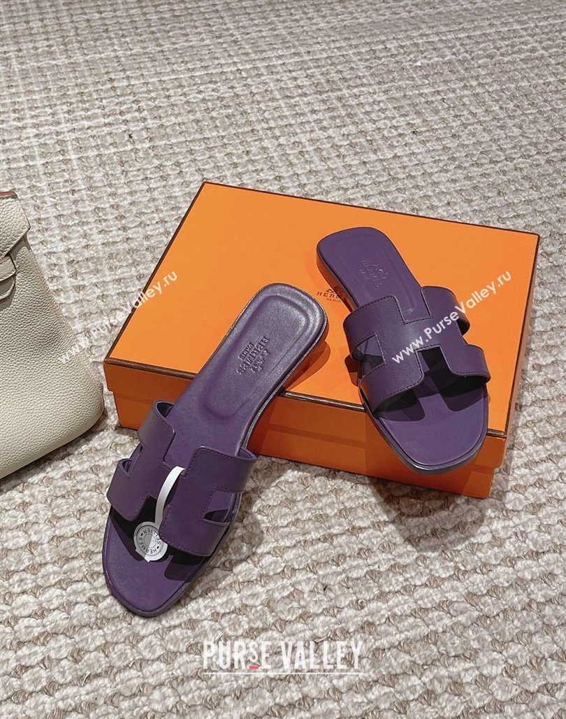 Hermes Classic Oran Flat Slide Sandals in Smooth Leather Purple 06 2024 0123 (MD-240123076)